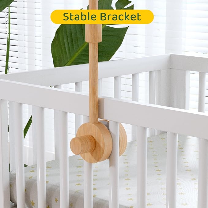 FEISIKE Woodland Animals Theme Bassinet Baby Nursery Mobiles with Modes Digital Music Box 3In1 Set-34 Inch Wooden Mobile Arm for Crib Mobile Hanger for Crib Baby Nursery Decor