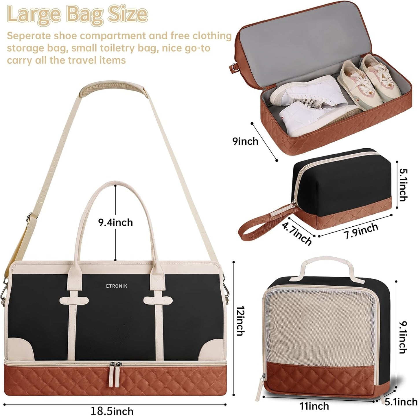 ETRONIK Weekender Overnight Bag for Women, Large Travel Duffle Bag with Shoe Compartment & Wet Pocket, Carry On Tote Bag Gym Duffel Bag with Toiletry Bag, 3 Pcs Set, Large Size, Beigeblack-Brown