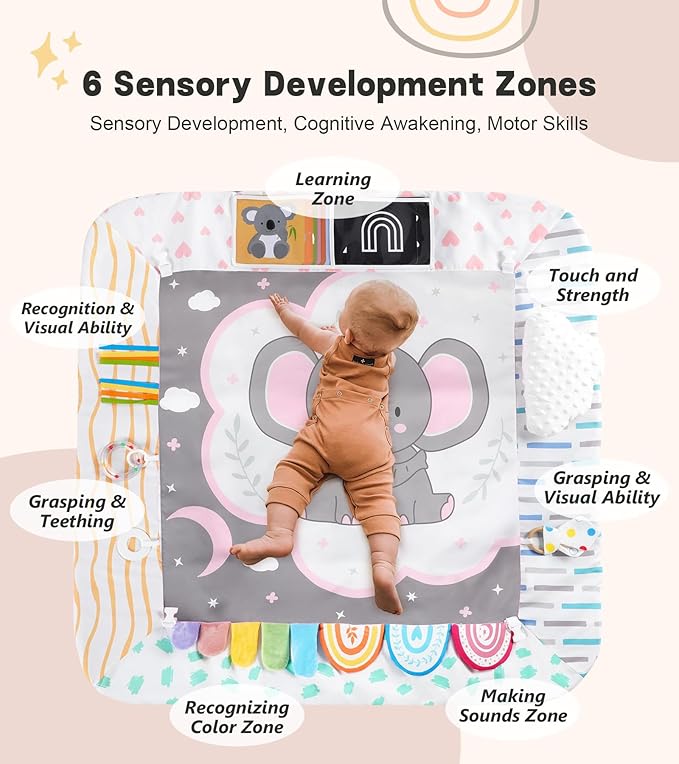 Baby Play Mat Activity Gym with Tummy Time Pillow, 6 Developmental Zones Tummy Time Mat, 6 Detachable Sensory Toys and Educational Cards, Essential Baby Shower Set, Pink Elephant