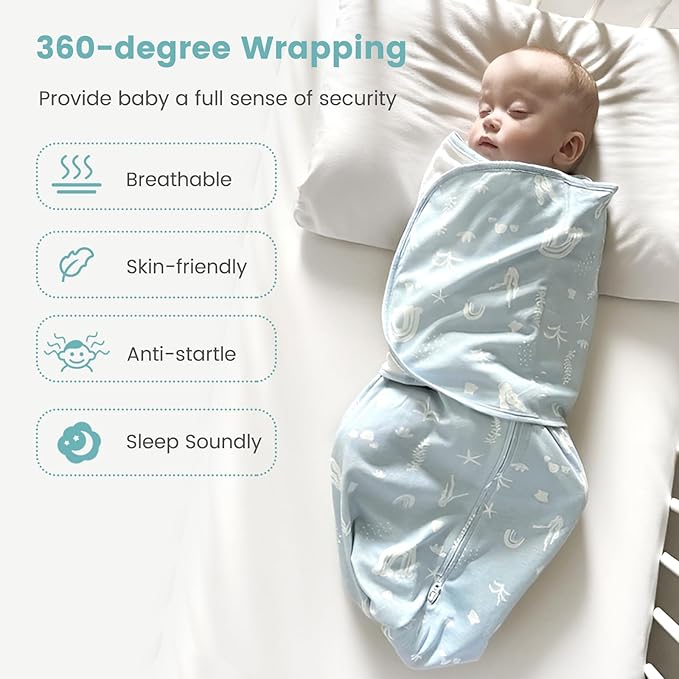 Baby Swaddle Sleep Sack 1.0 Tog 3-in-1 Cotton Baby Swaddle Blanket Wrap for Newborns 6-12 Months Seabed World