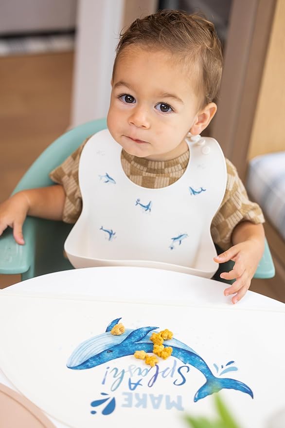 Silicone Baby Bib and Mat | Boys Girls Babies & Toddlers | Waterproof, Adjustable, BPA Free