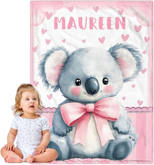Personalized Baby Blanket for Girls, Custom Baby Blanket with Name, Soft Cozy Personalized Name Blankets for Kids, Customized Koala Blanket for Infant Toddler Birthday Christmas