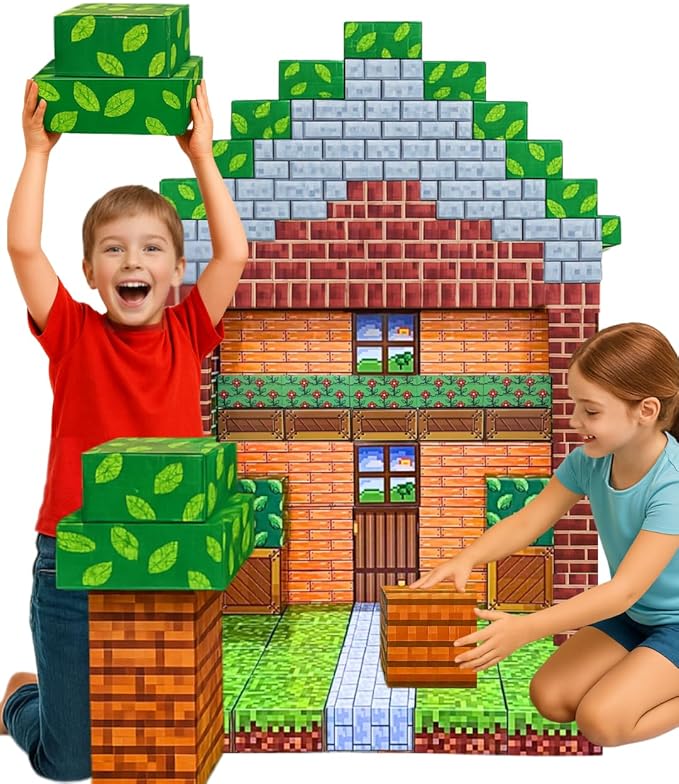 PixelStackers 100 Jumbo Building Blocks for Children Large Cardboard Blocks, Big Blocks Set for Mine Creative Craft Play & Early Learning, Easy to Assemble Big Building Blocks