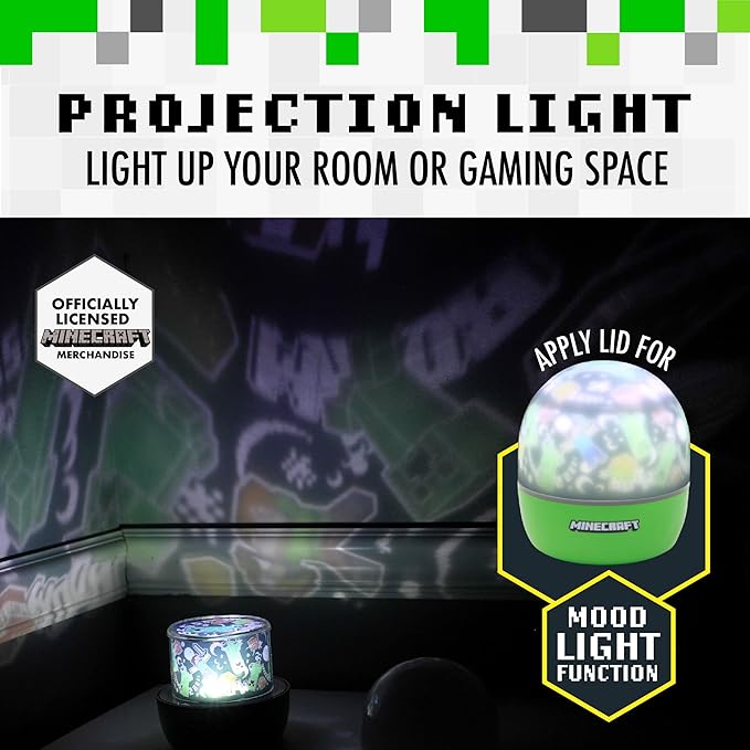 Paladone Minecraft Officially Licensed Creeper & Steve Projector Night Light, Gamer Projection Lamp Accessory, Minecraft Sounds, Gaming Bedroom Decor for Kids Mood Lighting with 4 Projector Sheets