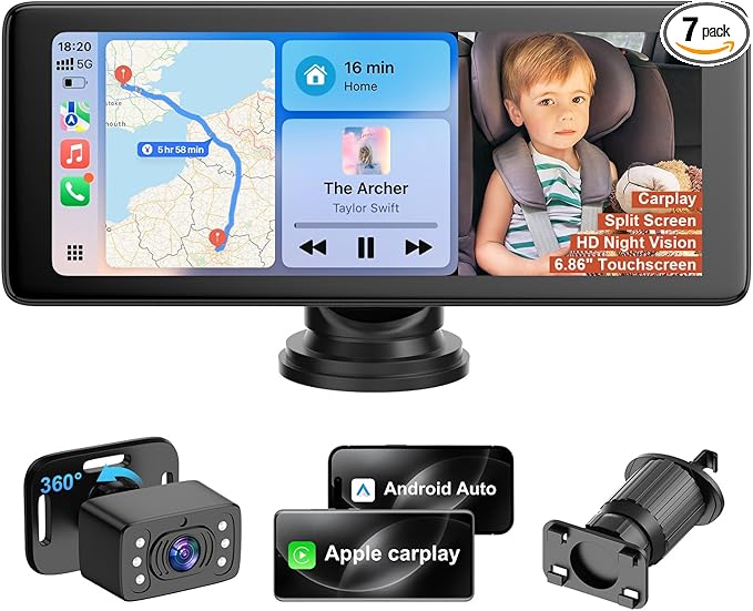 25HOURS YJ1 Baby Car Camera - 6.86" HD Car Baby Monitor Touchscreen with Apple CarPlay, 1080p Ultra IR Night Vision, 150° Wide Angle, Split Screen, 3X Zoom, GPS Navigation,FM,Siri, Plug-and-Play