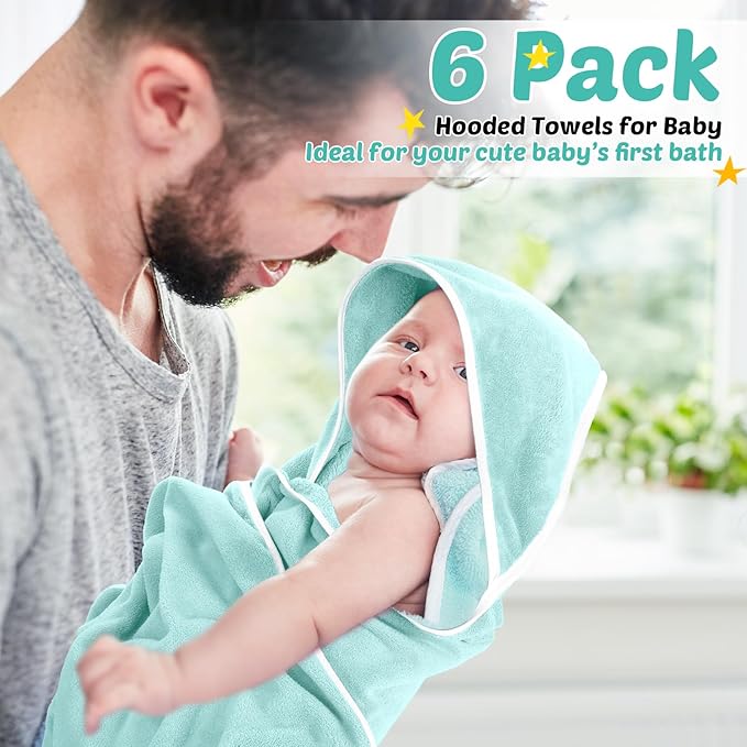 Chumia 6 Pack Baby Bath Towel Coral Fleece Soft Absorbent Newborn Hooded Towel for Kid 30 x 30 Inch Toddler Bath Blanket for Babies Infant Shower Gift(White, Green)
