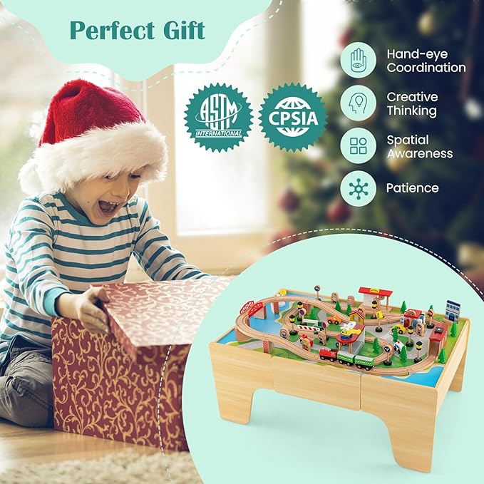 GLACER 84-Piece Train Table, Large Multipurpose Wooden Toy Activity Table Playset with Reversible Detachable Tabletop, Railway Tracks, Trains, Cars, DIY Design, Gift for Boys Girls Ages 3+