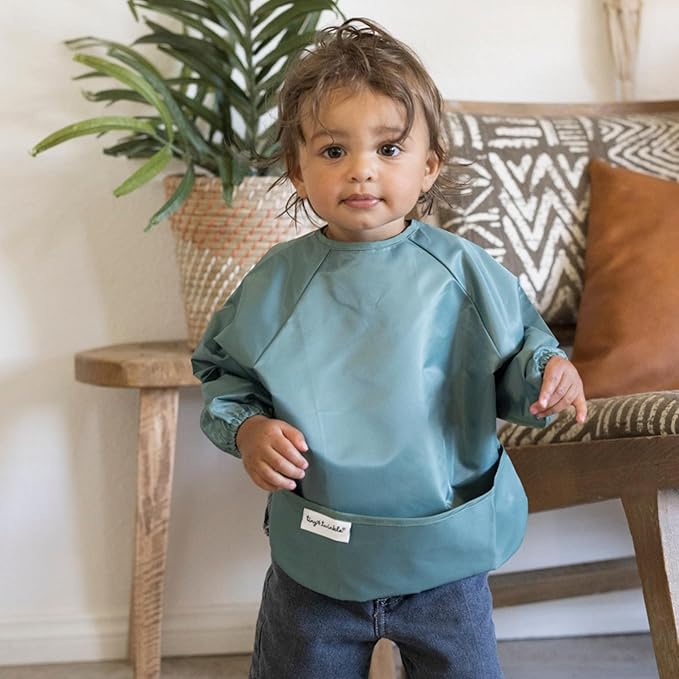 Tiny Twinkle Long Sleeve Bib for Babies & Toddlers – 2 Pack Waterproof Smock Bibs for Eating – Machine Washable & Mess-Proof, Baby Feeding Essential & Shower Must-Have (Slate Olive,6–24M)