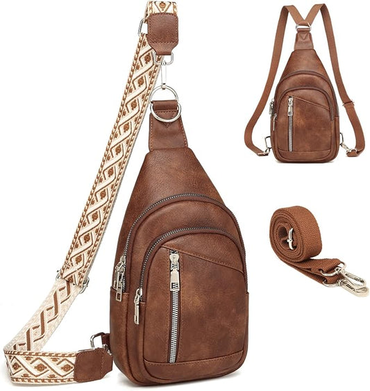 Sling Bag Crossbody Backpack - 2 in 1 Leather Cross Body Bag Fanny Pack with 2 Removable Straps