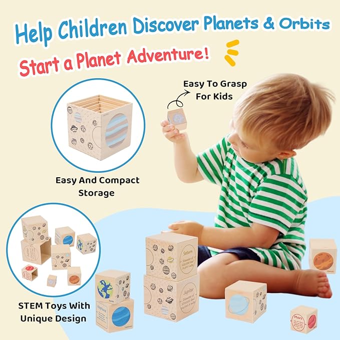 Wooden Eight Planets Nesting Blocks for Kids 3+, Montessori Sorting & Stacking Cube Boxes, Preschool Educational Science Toy Set for Toddlers Boys & Girls―Learning Solar System (8 Pcs)