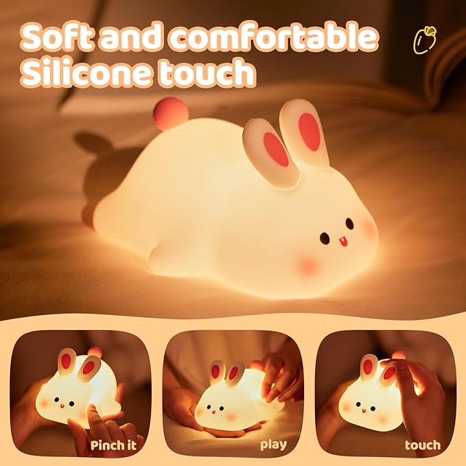 Big Face Rabbit Silicone Night Light for People - Squishy Bunny LED Lamp with Soft Touch, USB Rechargeable & Touch Control - Cute Decorative Bunny Light for Room.