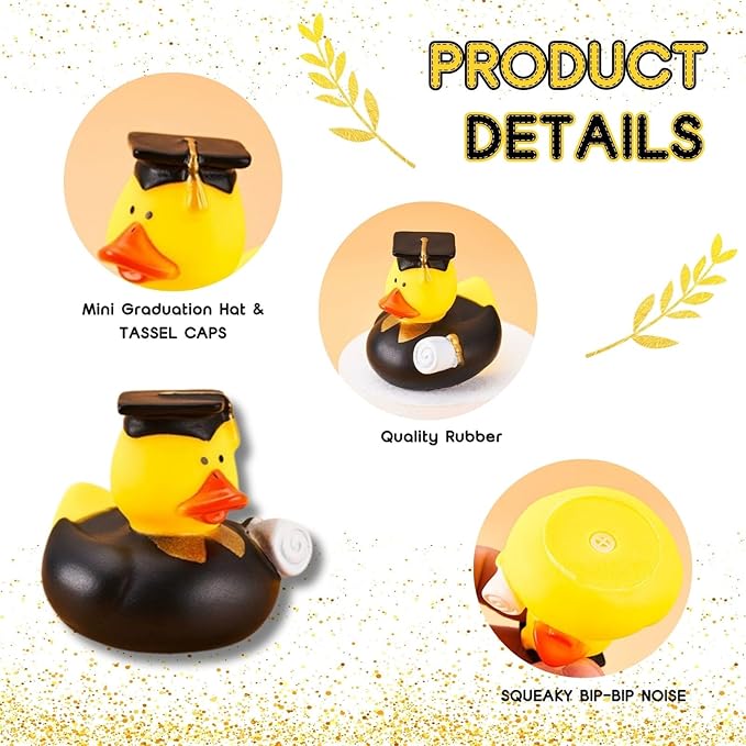 52 Pcs Graduation Rubber Duck 2025 Graduation Diploma Rubber Duckies Grad Cruise Duck Bulk Classroom Reward Prize for Student Bathtub Swimming Pool Theme Party Favors (Black Gold Color)