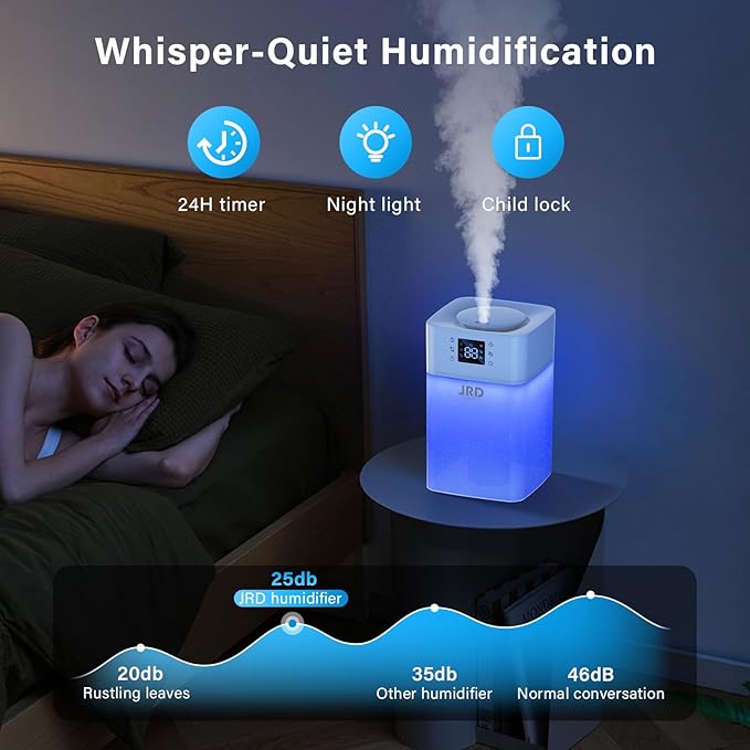 JRD 4L Humidifiers for Bedroom, Cool Mist Humidifier for Large Room, 40H Runtime, 360° Nozzle, Night Light for Home, Office, Baby Nursery, Plants（White）