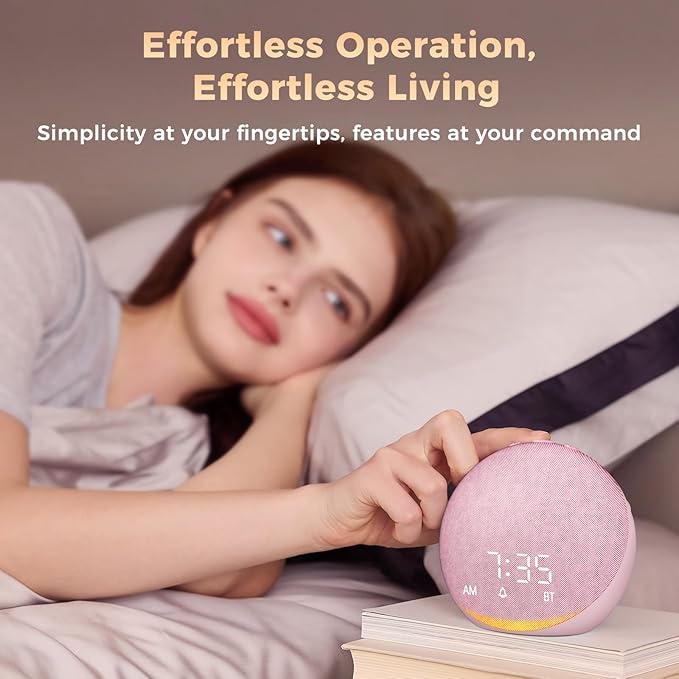 Sound Machine Alarm Clock for Bedroom: 25 Natural Sleep Sounds - White Noise Machine for Adults Kids Baby - Gentle Wake Up Alarm with Bluetooth Speaker - Pink