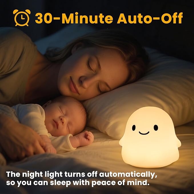 Ghost Night Light for Kids, Squishy Silicone Lamp - 50H Low/12H High, 2 Brightness, Tap-Control, USB Rechargeable, for Kids Halloween Decor & Nursery, Great Ghost Gifts