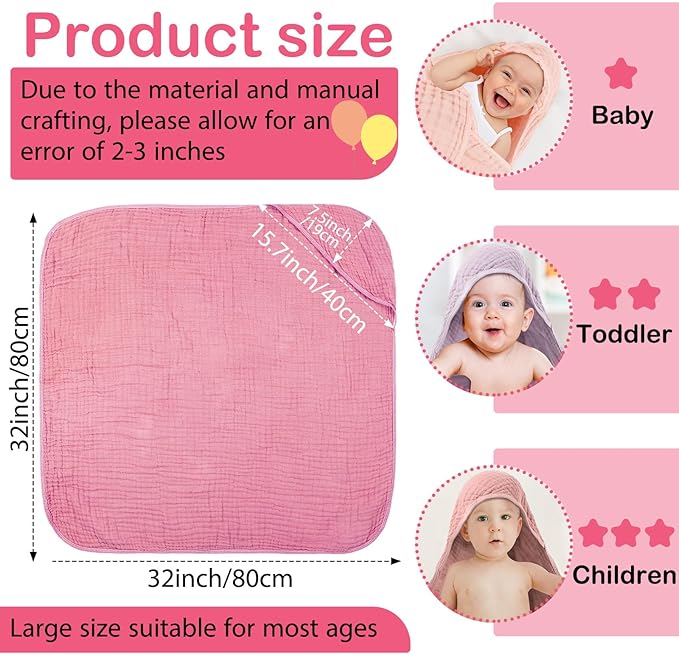 Peryiter 4 Pcs Muslin Hooded Baby Towels, 32"x 32" Cotton Newborn Bath Towel Muslin Infant Baby Blankets Absorbent Unisex Christmas Registry Gift Essentials for Girls Boys (Pink Series)
