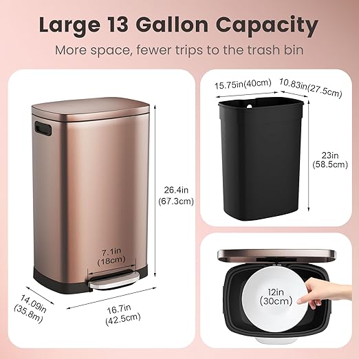 ELPHECO Kitchen Trash Can with Lid Soft Close, 13 Gallon / 50L Stainless Steel Pedal Garbage Can, Heavy-Duty Step Wastebasket with 20 Bags, Removable Bucket, Home Office, Champagne
