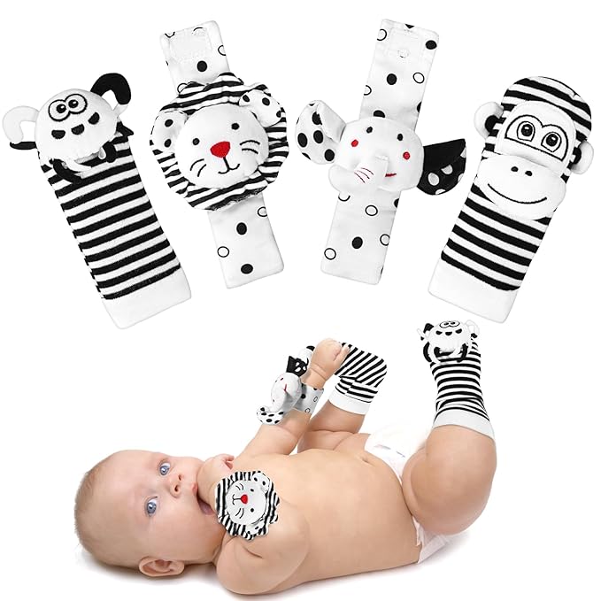 Baby Socks & Wrist Rattles Toys for 0-12 Month,Black And White High Contrast Baby Toys 0-6 Months,Baby Boy Girl Gifts 0-3 3-6month Toy,2 3 4 Month Old Baby Toys,Infant Sensory Newborn Toys