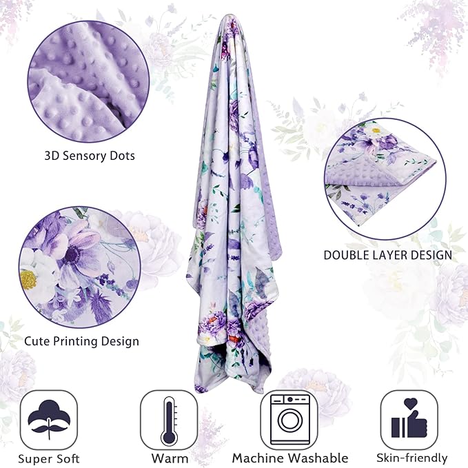 Toddler Blanket 50 x 60 Inch, Large Baby Blanket for Kids, Super Soft Warm Minky with Dotted Backing, Purple Floral