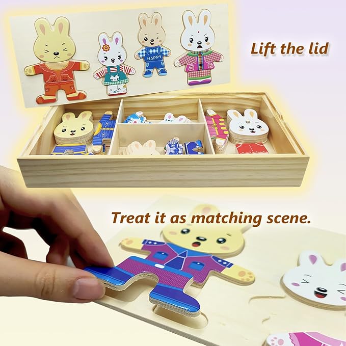 Wooden Bunny Family Dress-up Puzzle Box for Toddlers(72pcs),Change Clothes Puzzle Games, Preschool Learning Activities Toys for Kids Ages 3+