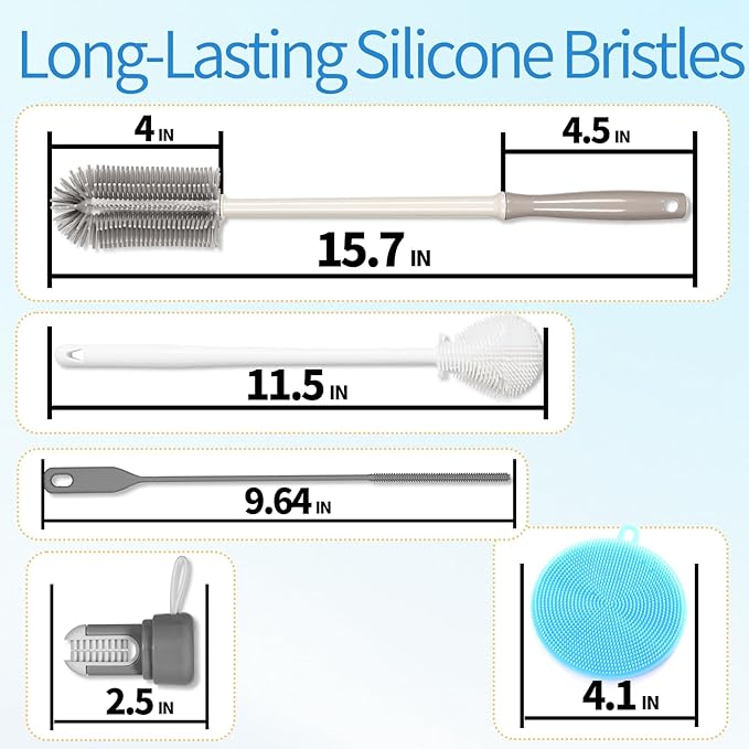15.7" Silicone Bottle Brush Set - 6 Pack Water Bottle and Straw Cleaner Brush Long Handle for Hydro Flasks, Sports Bottles & Reusable Straw, Narrow Neck Containers, Tumblers, Glassware