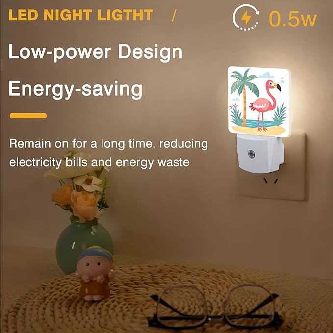 Flamingo on Tropical Island Night Light, Plug-in Nightlight with Dusk to Dawn Auto Sensor for Home Bedroom Hallway Kitchen 0.5W Sleep Friendly Led Lamp for Women Men