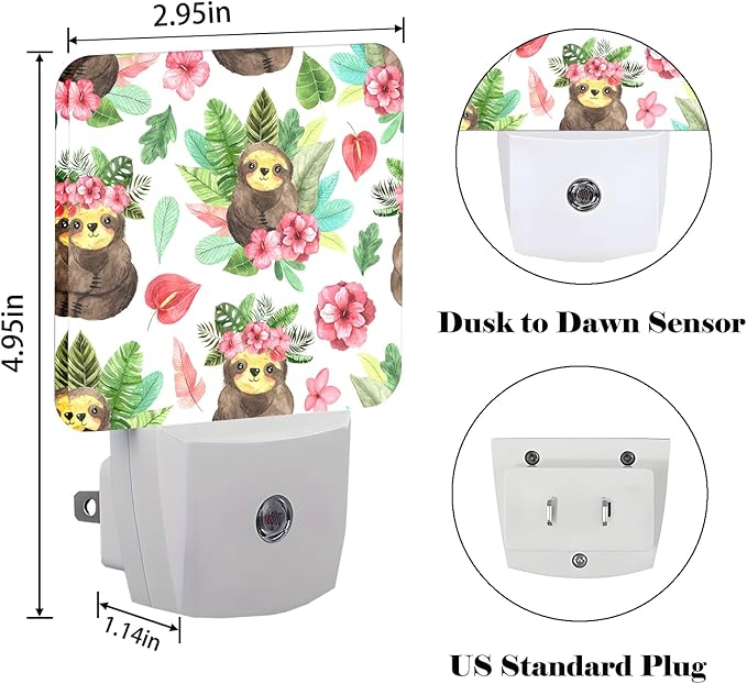 Watercolor Cute Sloth Night Light,Plug Into Wall with Dusk to Dawn Light Sensors, Warm Nightlights for Bedroom, Bathroom, Hallway, Kitchen, Gifts Ideal for Boys Girls Women Men