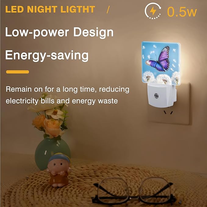 Flying Butterfly with Dandelion Night Light, Plug-in Nightlight with Dusk to Dawn Auto Sensor for Home Bedroom Hallway Kitchen 0.5W Sleep Friendly Led Lamp for Women Men