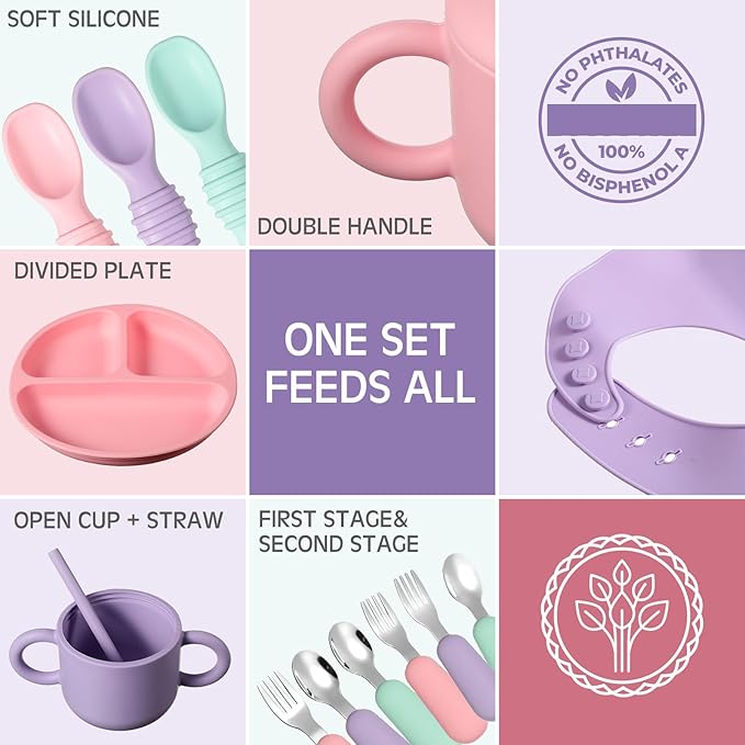 24 Pack Silicone Baby Feeding Set Baby LED Weaning Supplies Includes Suction Divided Plates Soft Bowl Spoons Forks Adjustable Bib Snack Cup and Straws(Pink, Purple, Mint Green)