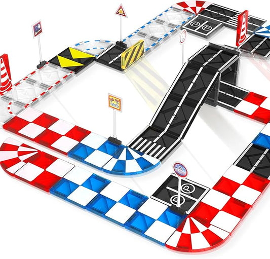 Magnetic Tiles Road Set & Racing Track Expansion Pack, Magnetic Blocks Building Toys for 3+ Year Old Boys Girls, STEM Magnetic Toys Magnetic Tiles for Toddlers 3-5 4-8