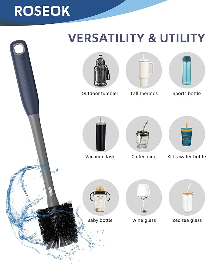 2 in 1 Long Handle Bottle Brush with Straw Brush for Cleaning Glass, Sports Bottle, Coffee Mug, Gray, 1 Pack