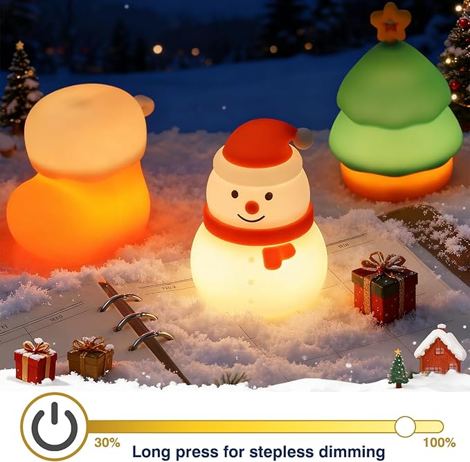 Christmas Night Light Set for kids,Rechargeable Dimmable Christmas Snowman Night Lamp,Cute Christmas Tree Decor Nightlight for Nursery Toddler Hangable Squishy Silicone Boot Lights Gifts Holiday Decor