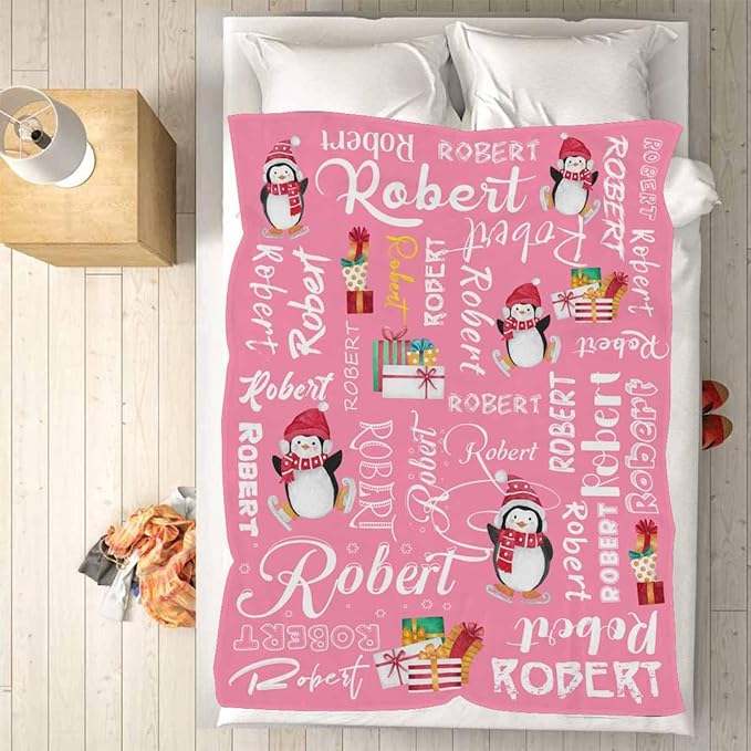 M YESCUSTOM Custom Name Blanket, Personalized Baby Throw Blanket, Pink Penguin, Christmas, Birthday for Kids & Adults