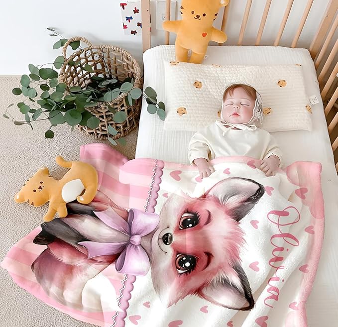 Personalized Baby Blanket for Girls, Custom Baby Blanket with Name, Soft Cozy Personalized Name Blankets for Kids, Customized Fox Blanket for Infant Toddler Birthday Christmas