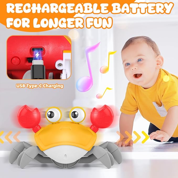 Crawling Crab Baby Toy, Upgraded Tummy Time Gifts for Newborn Babies 3-6 6-12 Month, Light-Up Walking Dancing Moving Crab with Music & Obstacle Avoidance, Rechargeable Sensory Development Toy (Orange)