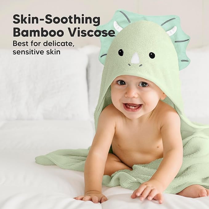 KeaBabies Hooded Baby Towel for Newborn - Viscose Derived from Bamboo Large Baby Bath Towels with Hood for Boys, Girls, Toddler, Extra Absorbent & Soft Newborn Bath Essentials (Triceratops, Petite)