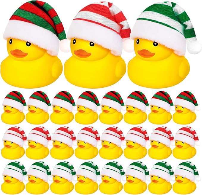 Liliful 24 Pcs Christmas Rubber Ducks with Hat Xmas Mini Rubber Ducks in Bulk Holiday Party Favors Bath Toys for Christmas Party Decor Gift (Striped Hat)