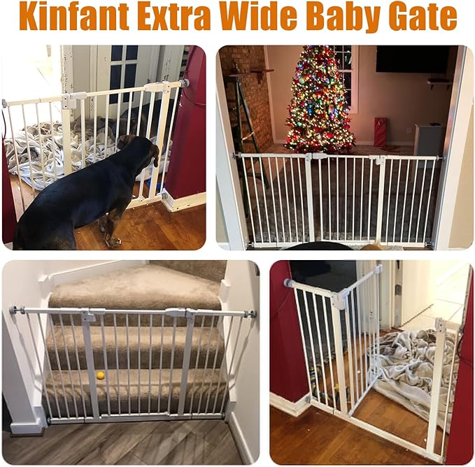Kinfant Extra Wide Baby Gate - 58-Inch White Doorway & Stair Gate, Tall & Adjustable Extension Pressure Pet Gate, with Extension Kit, Pressure Mount Kit, Wall Cups