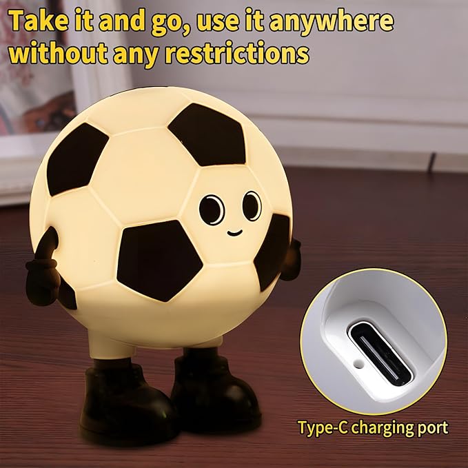 Cute Soccer Ball Fun Night Light - Dimmable RGB Touch Control Lamp, USB-C Rechargeable, Stress Relief Toy for Sports Fans, Home Decor and Gift