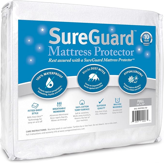 SureGuard Full Size Mattress Protector - 100% Waterproof, Hypoallergenic - Premium Fitted Cotton Terry Cover White