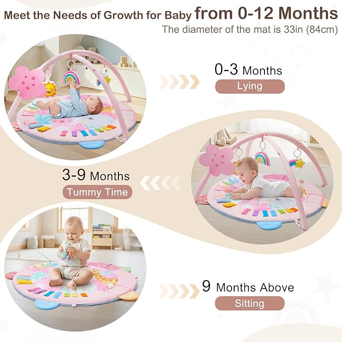 Baby Play Gym Mat Tummy Time Mat, Washable Baby Activity Play Mat for Sensory, Visual, Hearing, Touch Development, Baby Toys Shower Gift for Newborn