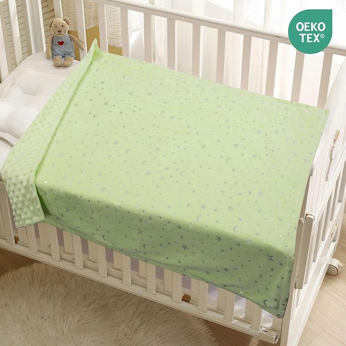 Baby Blanket for Boys Girls Soft Minky with Double Layer Dotted Backing, Star and Moon Printed 30 x 40 Inch Receiving Blanket (Green)