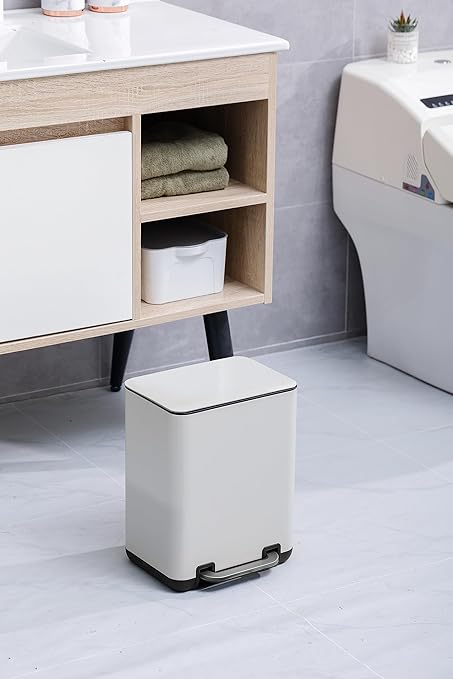 SunnyPoint 6 Liter(1.58 Gallon) Small Trash Can with Plastic Inner Buckets; Rectangle Bathroom, Office, Kitchen, and Bedroom Step On and Slow Close (WHT)