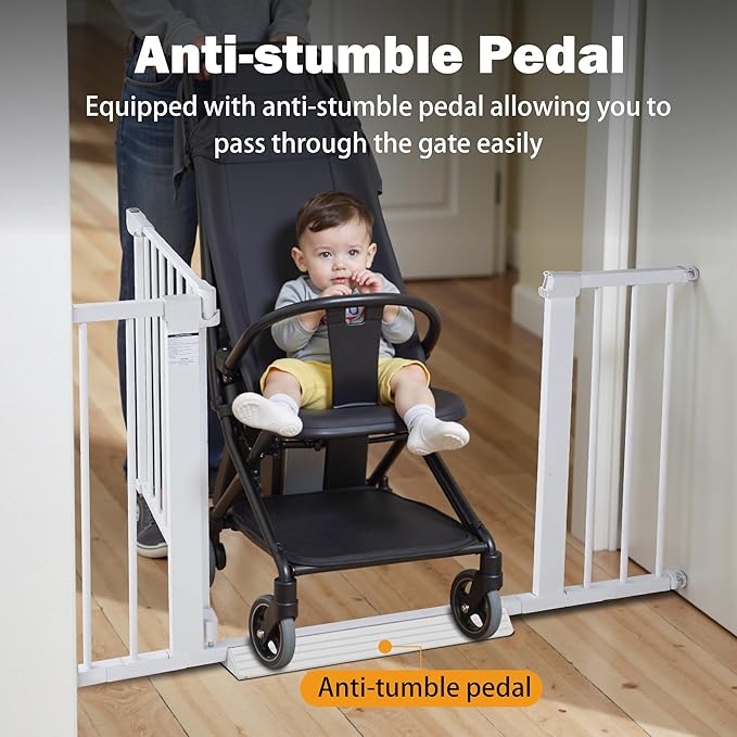 Mumeasy Baby Gate for Stairs - 29.6-46" Auto Close Dog Gate for Doorways, Extra Wide Child Gate Indoor, Walking Through Safety Gate for Kid, Pet Gates No Drilling White, Mom's Choice Awards Winner