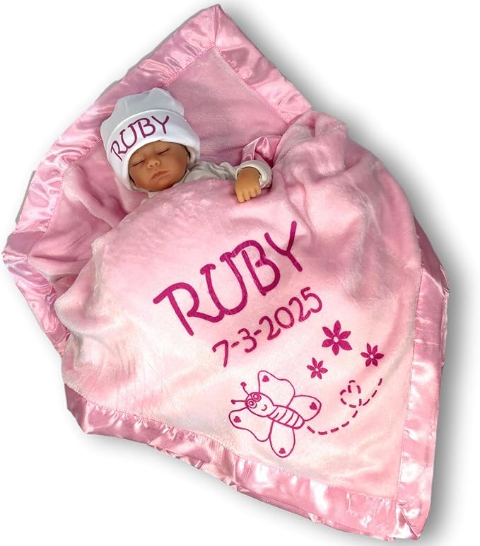 Custom Catch Personalized Girl Pink Baby Blanket Gift with Flower, Ladybug, Bee or Butterfly