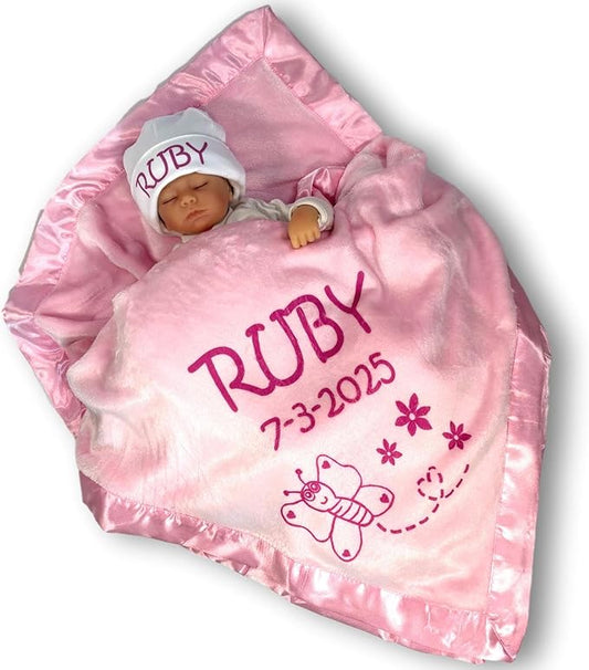 Custom Catch Personalized Girl Pink Baby Blanket Gift with Flower, Ladybug, Bee or Butterfly