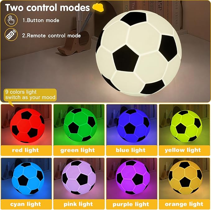 Soccer Silicone Night Light for Kids , 9 Colors with Remote Timer, Dimmable Rechargeable Baby Night Lights for Nursery, Battery Operated Lamp for Bedroom, Girls and Boys, Toddler, Baby Gifts (5.12 IN)