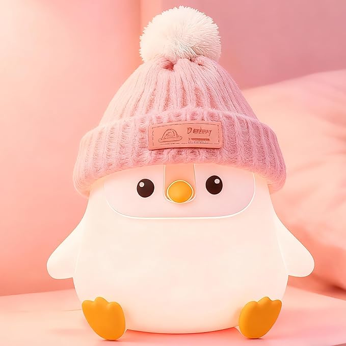 Penguin Silicone Night Light, Cute Pink Penguin Lamp with Knitted Hat, Soft Nursery Nightlight, USB Rechargeable/Dimmable,LED Squishy Novelty Animal Bedside Lamp,Funny Gifts for Kids/Girls