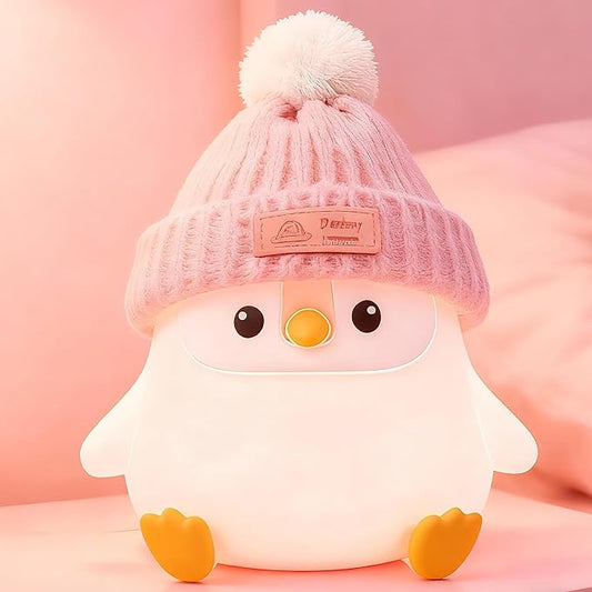 Penguin Silicone Night Light, Cute Pink Penguin Lamp with Knitted Hat, Soft Nursery Nightlight, USB Rechargeable/Dimmable,LED Squishy Novelty Animal Bedside Lamp,Funny Gifts for Kids/Girls