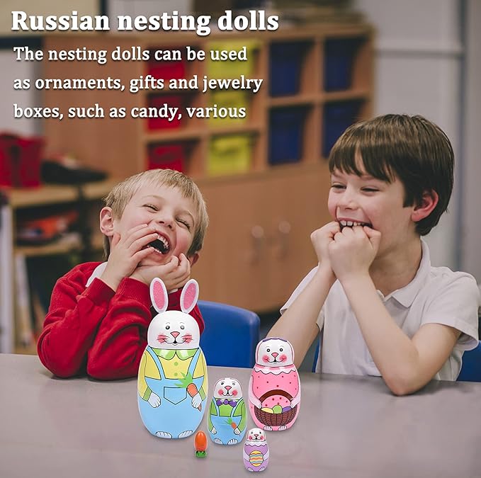 Russian Nesting Dolls, Stacking Wooden Handmade Matryoshka Dolls, 5 Pcs 6 ''Tall Animal Nesting Easter Eggs Toys for Kids Toddlers Birthday or Home Decoration Gift (Rabbit)